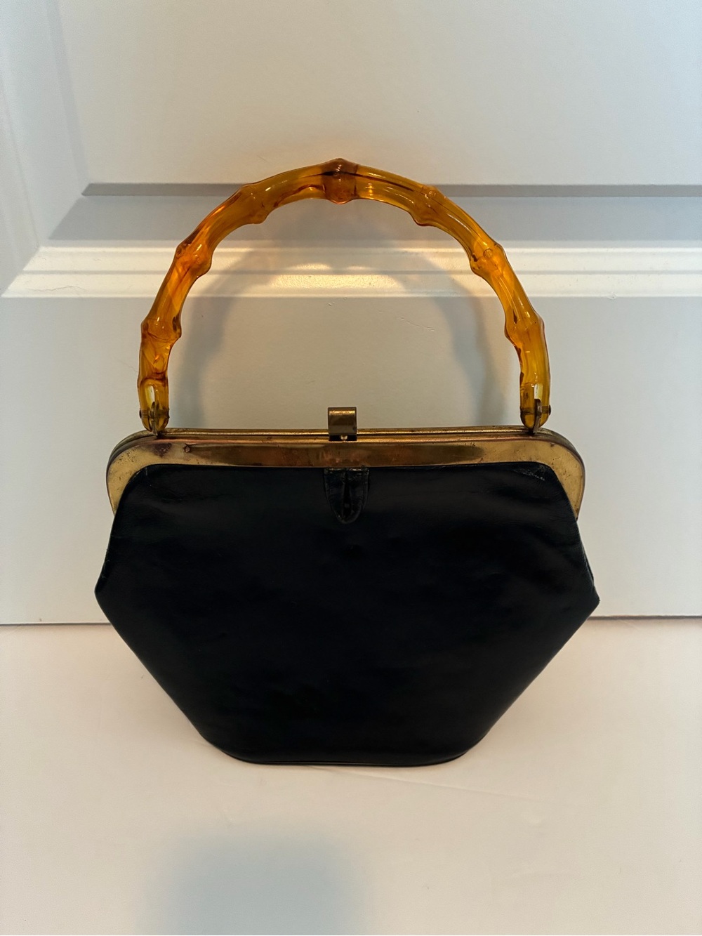Black Vintage Top-Handle Bag with Amber Bamboo Handle